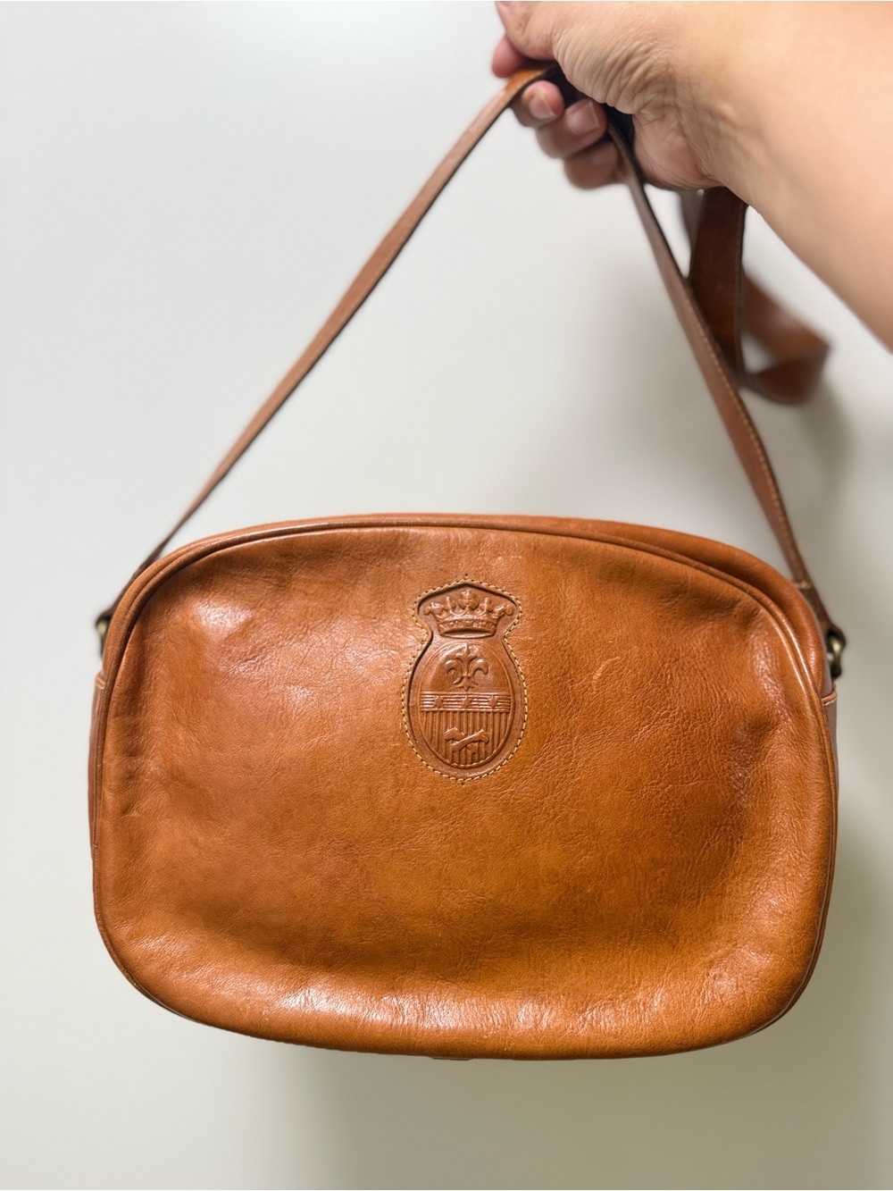 Vintage Furla Cognac Leather Crossbody with Embossed Crest